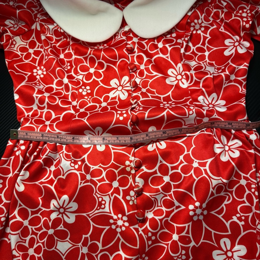 🌺 Vintage Emilio Borghese Red Floral Mod Dress Peter Pan Collar 70s Flawed Sz M - Picture 12 of 16